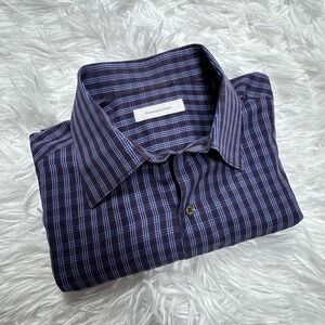 Ermenegildo Zegna Current Long-Sleeve Dress Shirt Blue Merlot Plaid Check Men XL